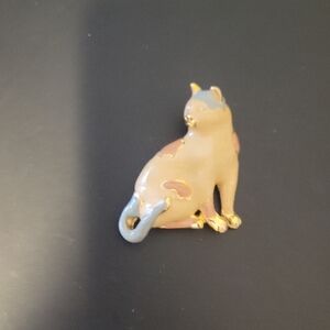 Ceramic Enamel Cat brooch with Gold and blue Accents